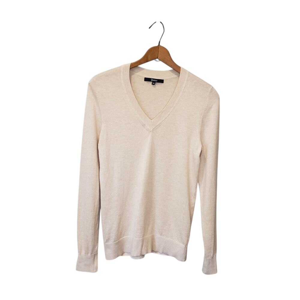 Quince Womens Cashmere Blend V Neck Thin Cream Sweater Size XS Classic Neutral